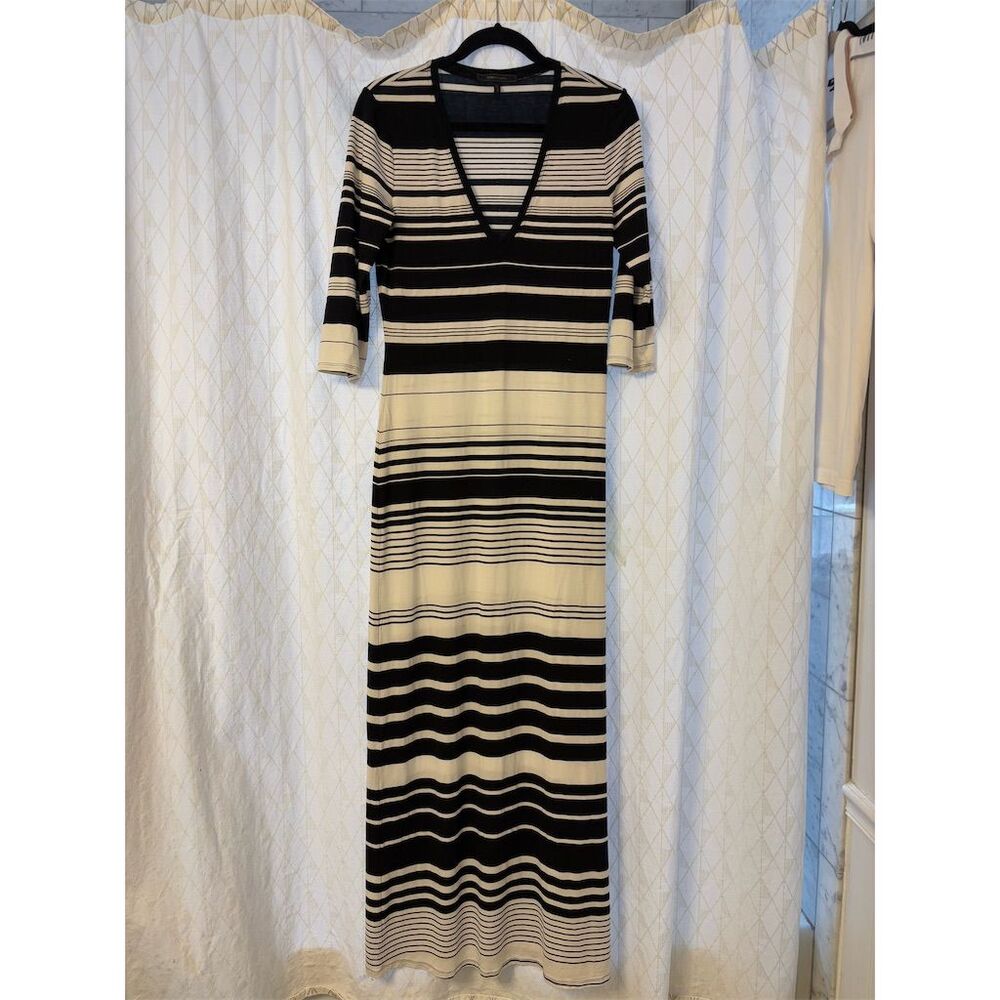 BCBGMaxAzria Women's L Striped V-Neck Maxi Dress 3/4 Sleeve Casual Black